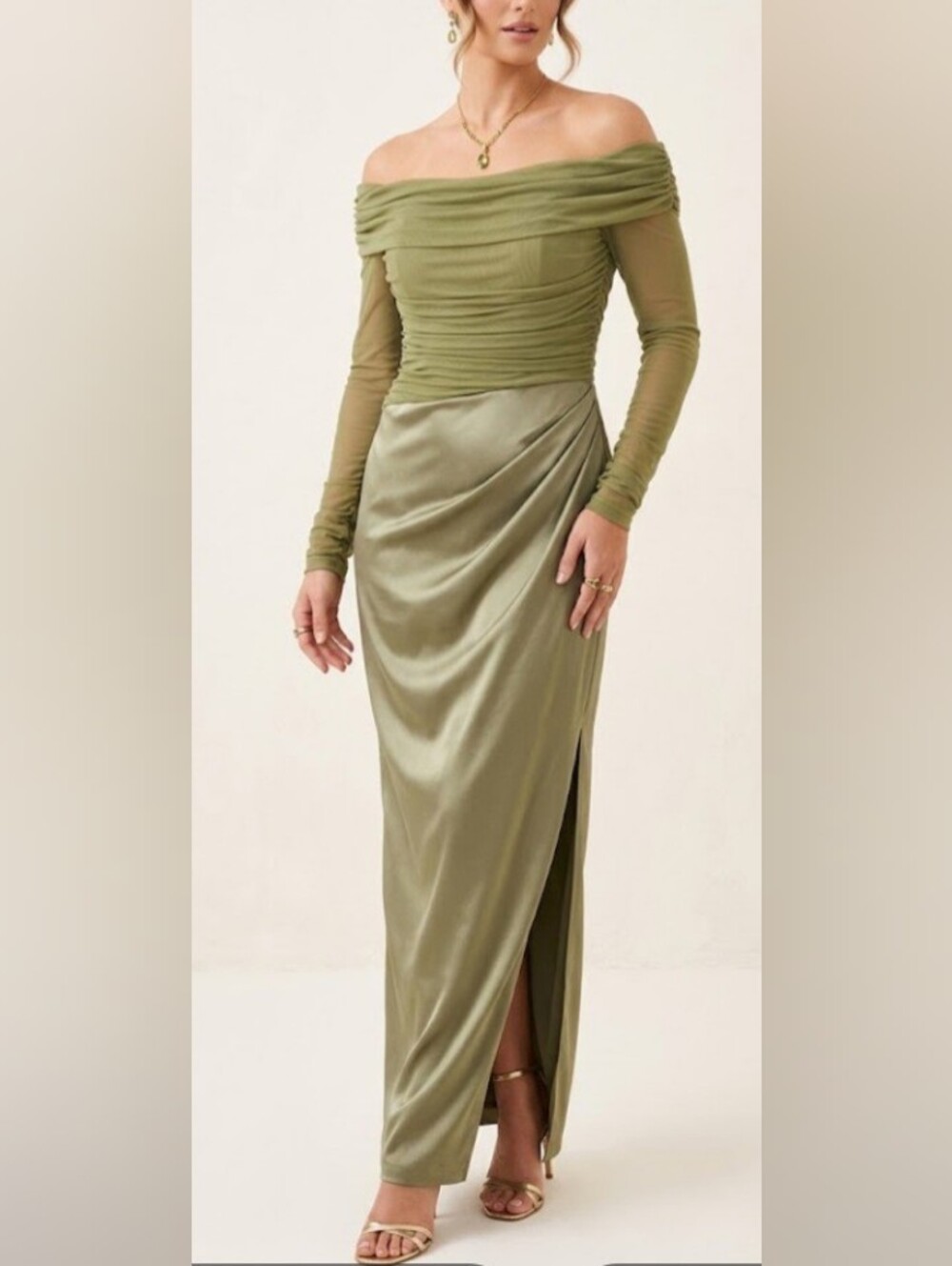 BHLDN Anthropologie Off-Shoulder Long-Sleeve Mesh Maxi Dress Thyme Leaf- Size L